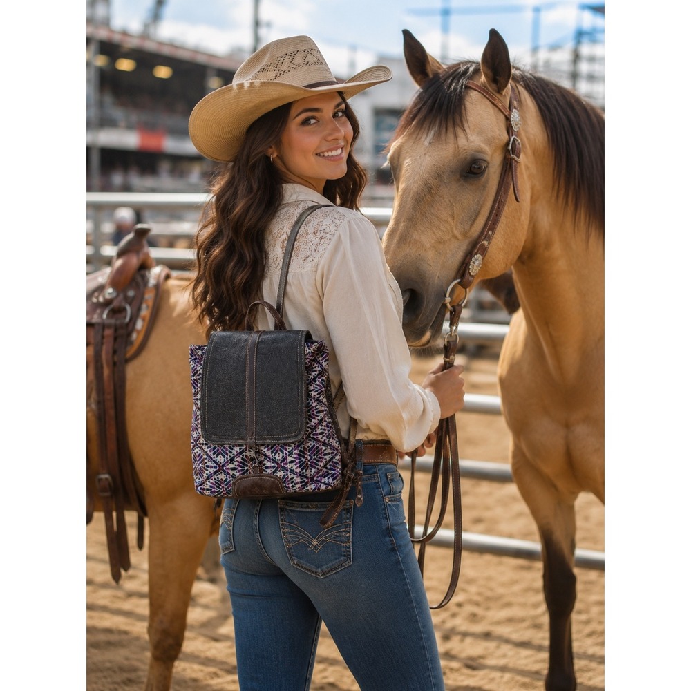 Myra Vibrant Cowhide‎ Hair-On Leather Canvas Boho Western Rodeo Cowgirl Backpack